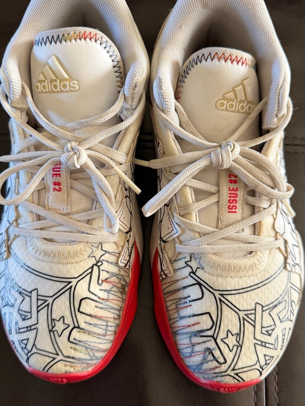 adidas Kids White Sneakers with Red Soles and Black Graphic